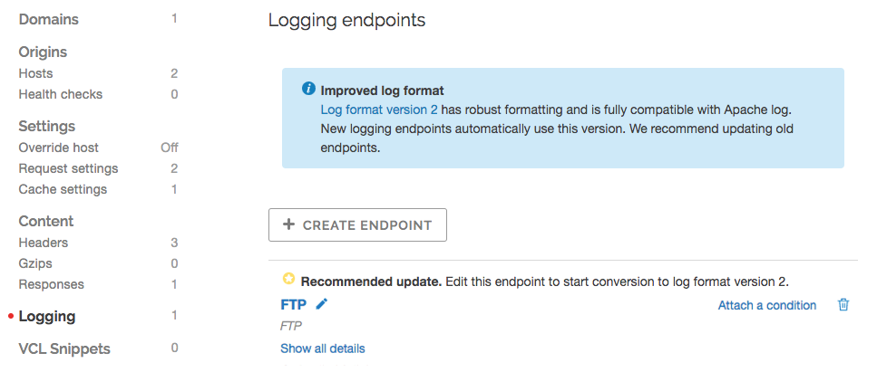 the logging endpoints page with upgrade message