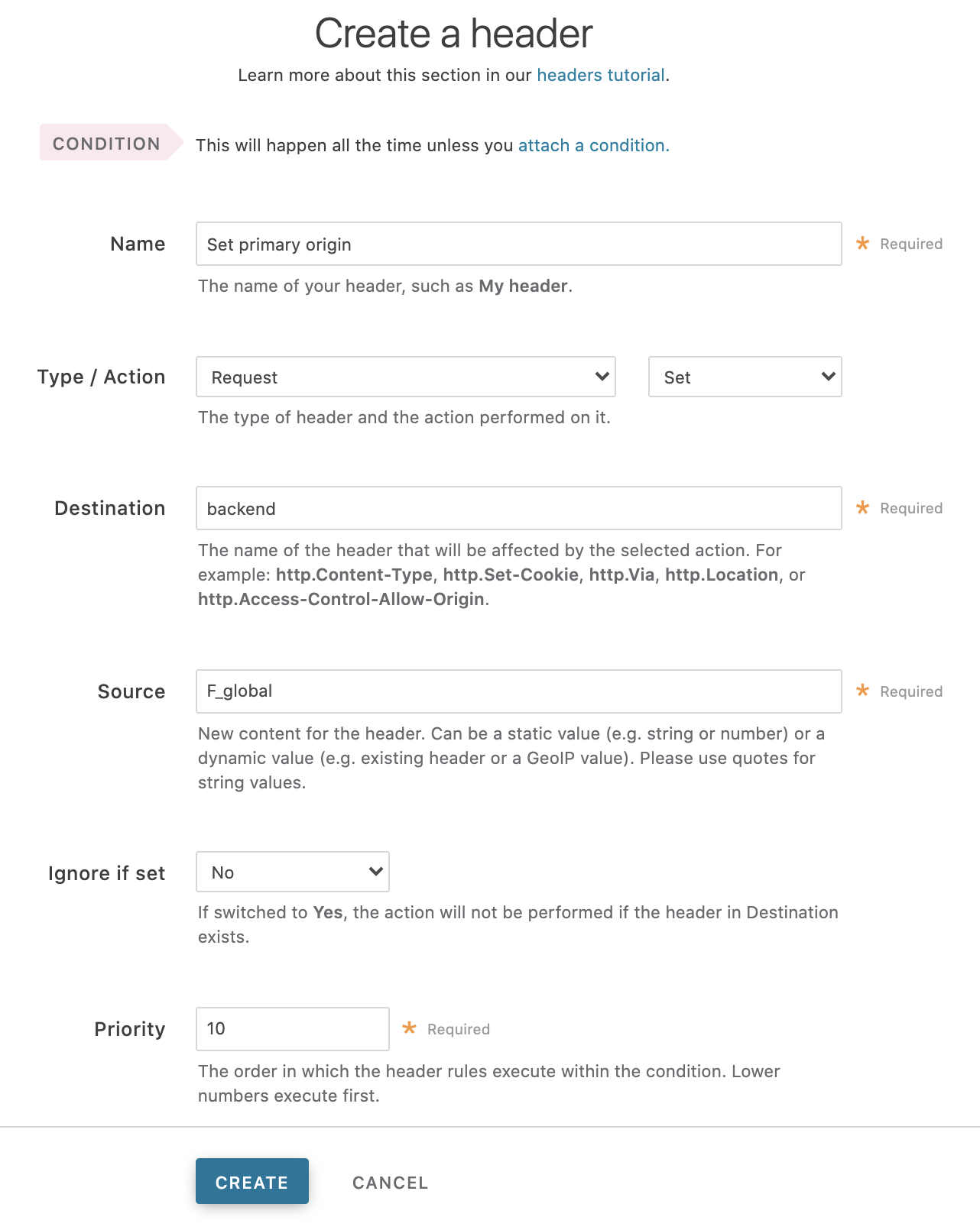 setting a default origin via the Create a header page