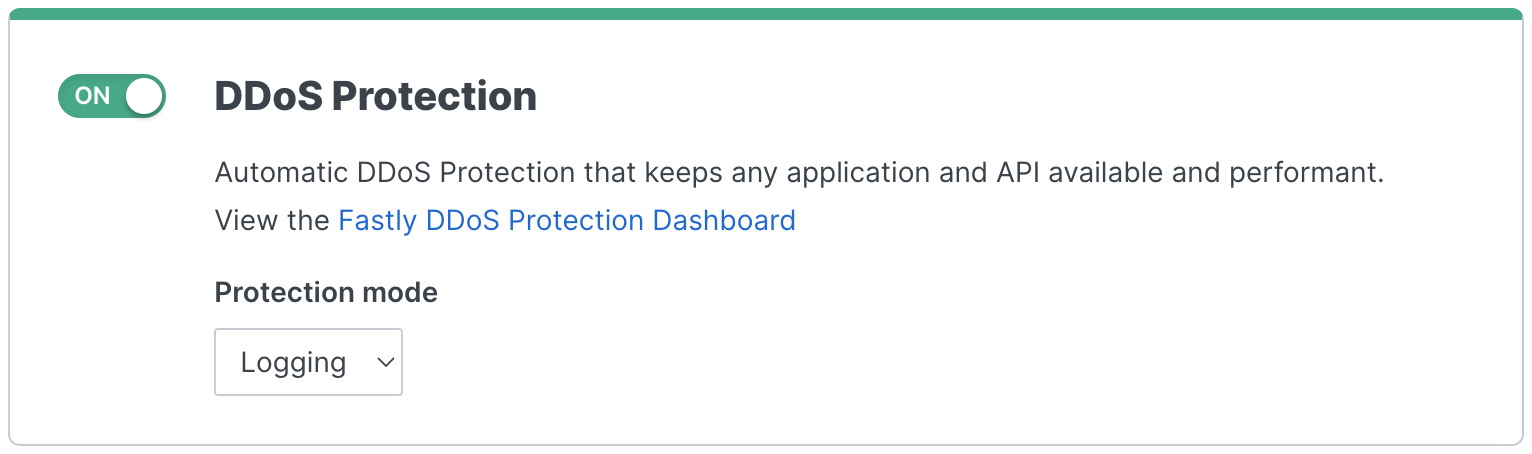 The DDoS Protection settings enabled in logging mode for a service