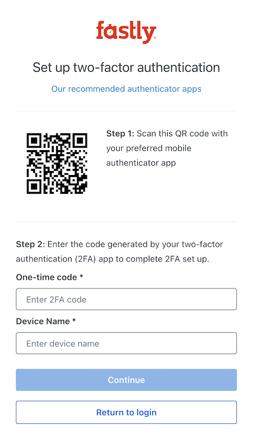 the 2fa setup page with scannable QR code
