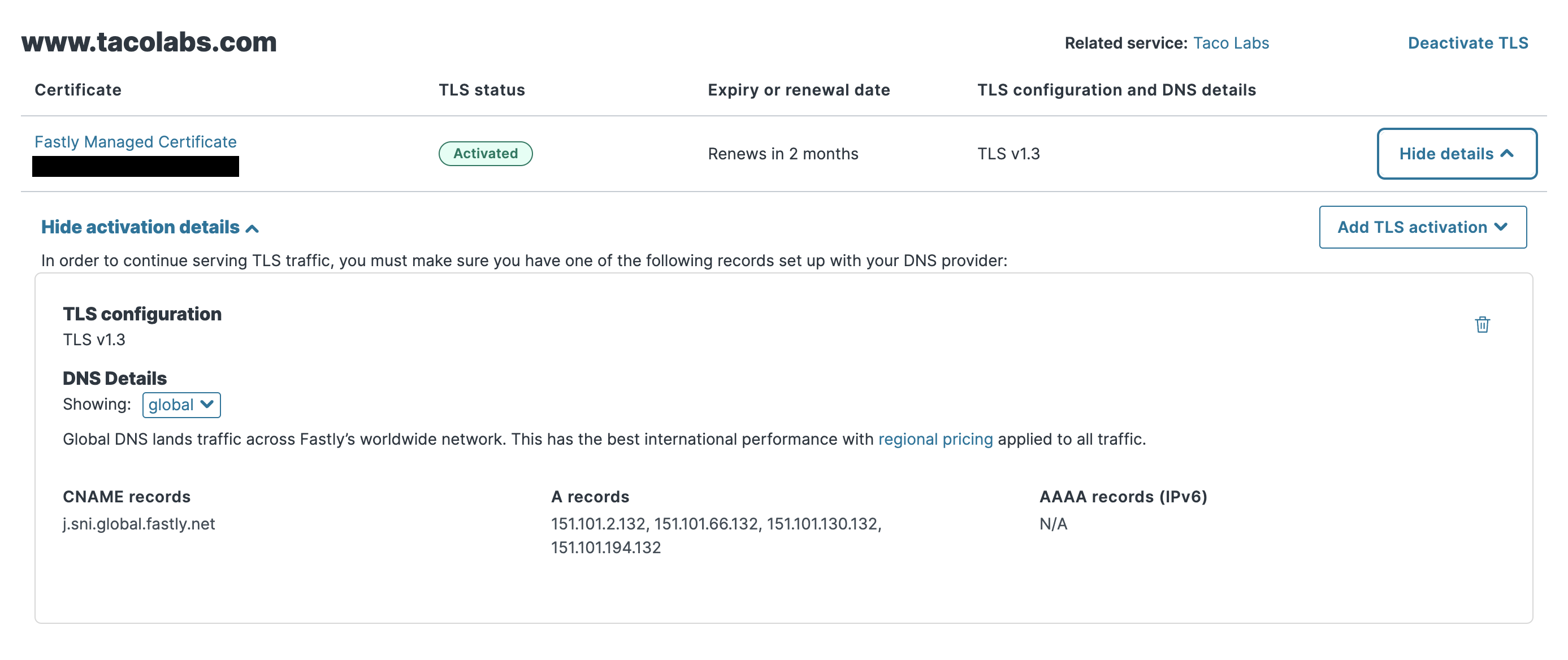 the dns details displaying the cname record values