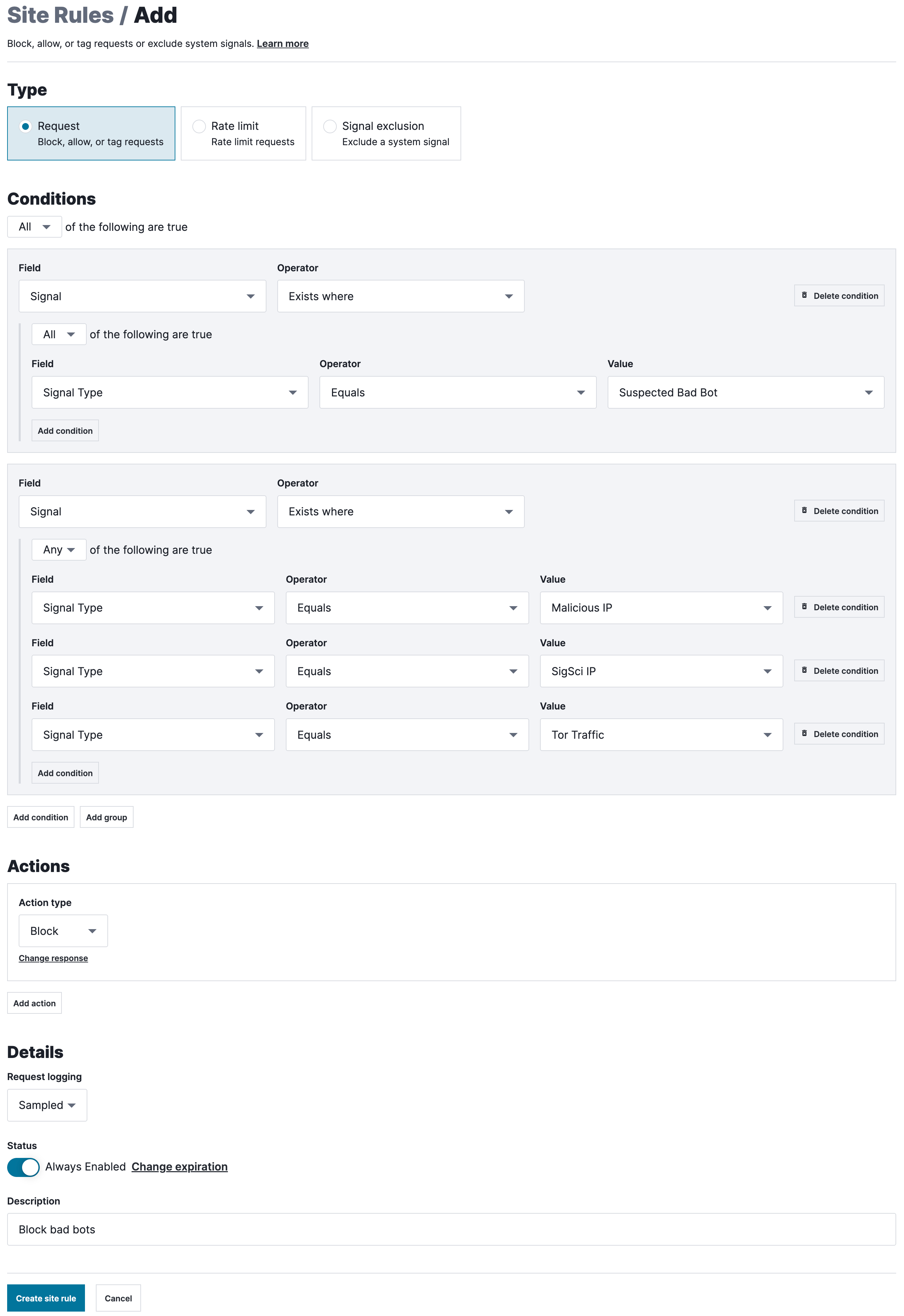 A request rule designed to block attacks from malicious IP addresses, as described above.