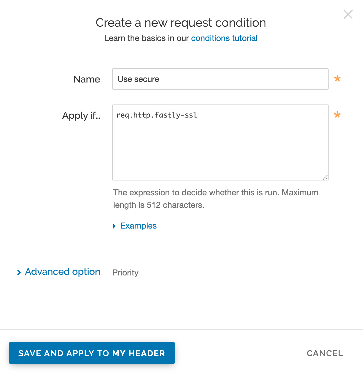 the Create a new request condition window with settings for the secure server