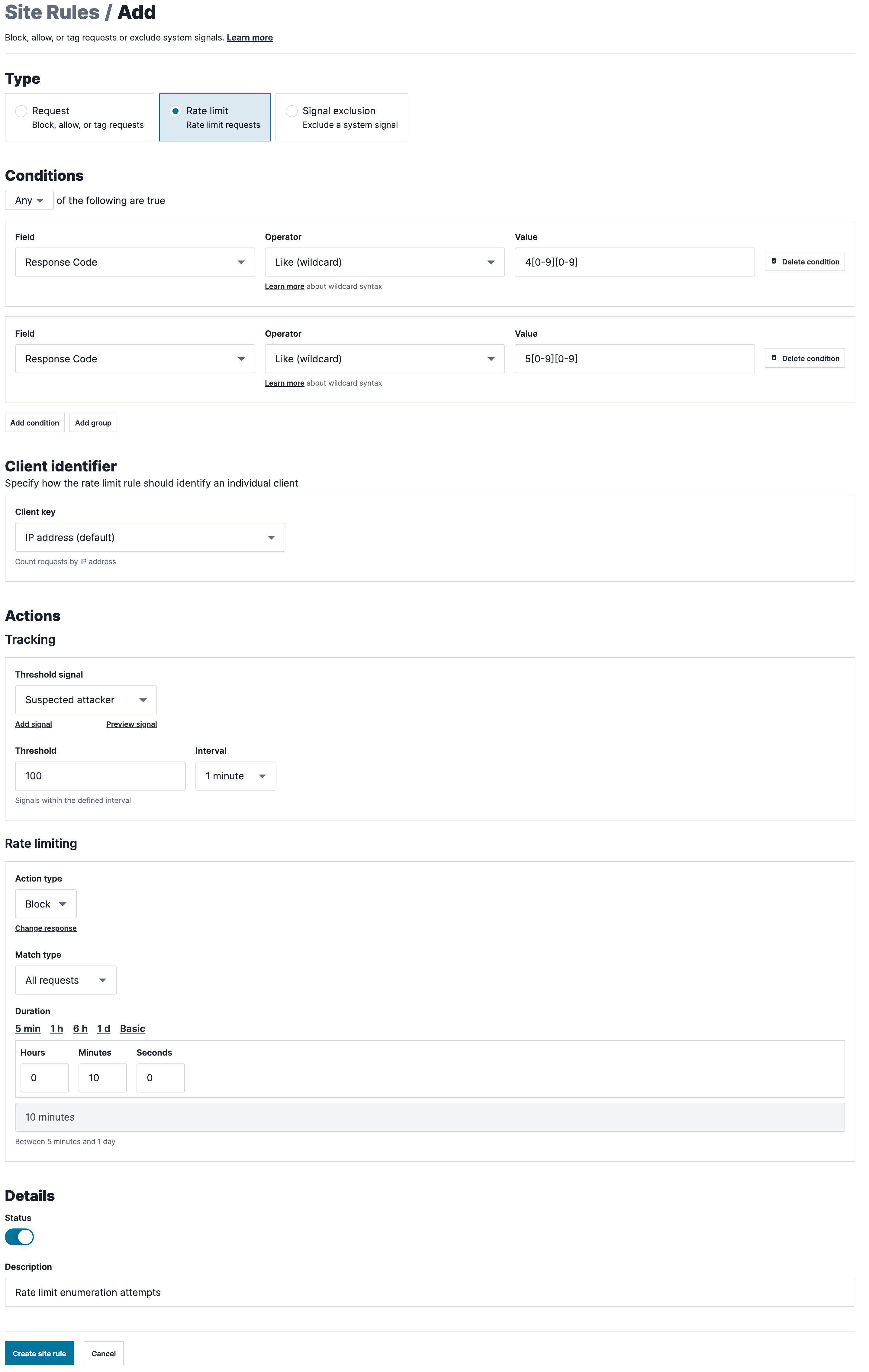 An example rule that rate limits comment submissions, as described above