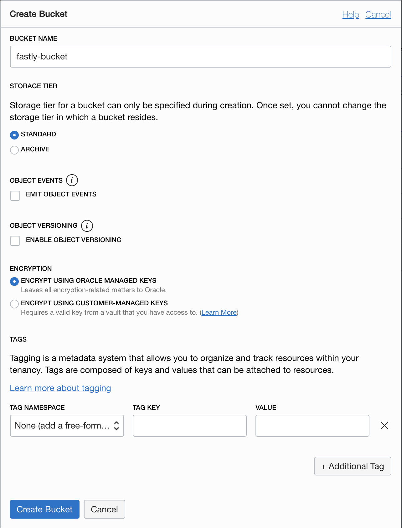Oracle Cloud Object Storage New Bucket window