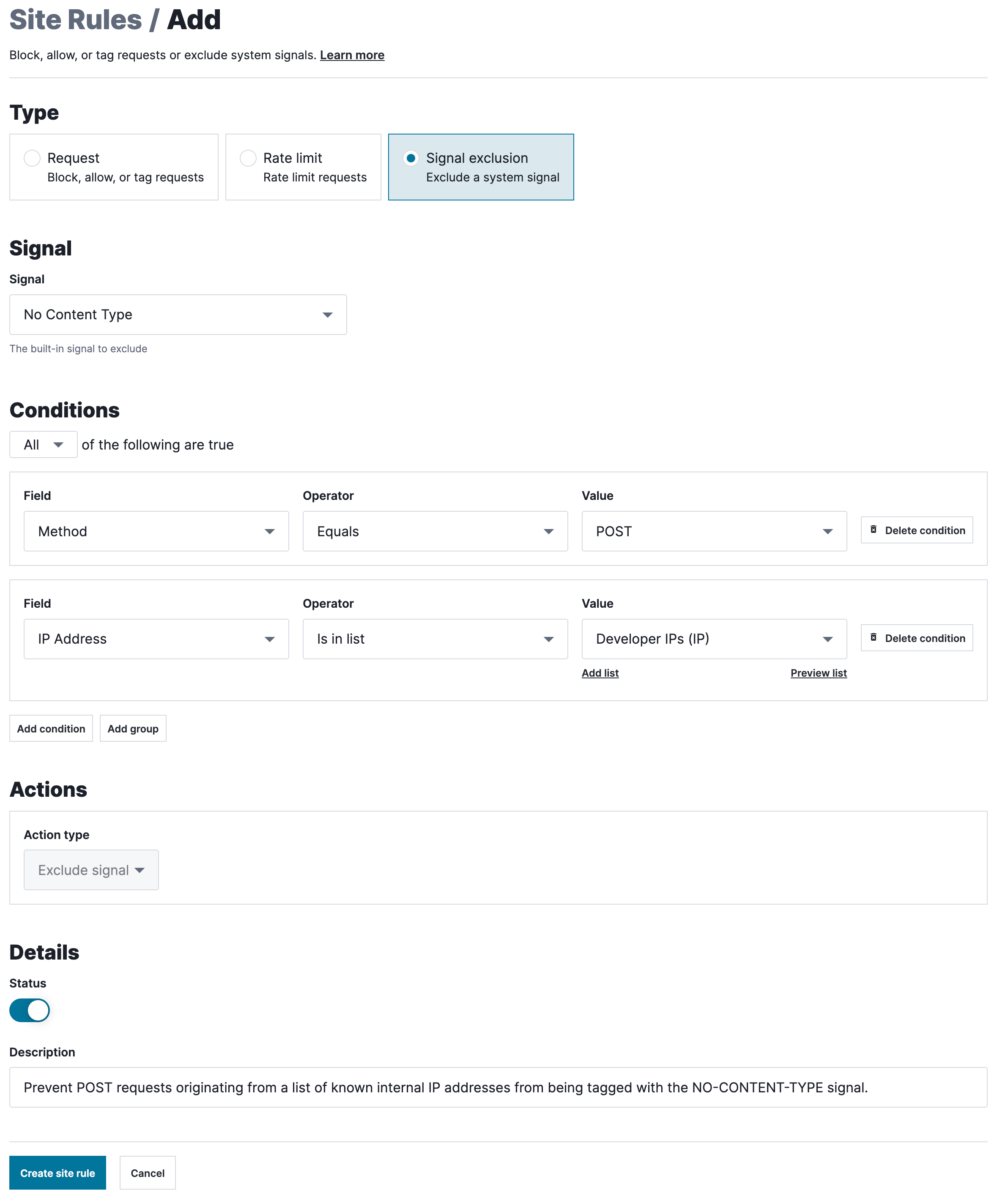 A site-level signal exclusion rule designed to prevent POST requests originating from a list of known internal developer IP addresses from being tagged with the 'NO-CONTENT-TYPE signal