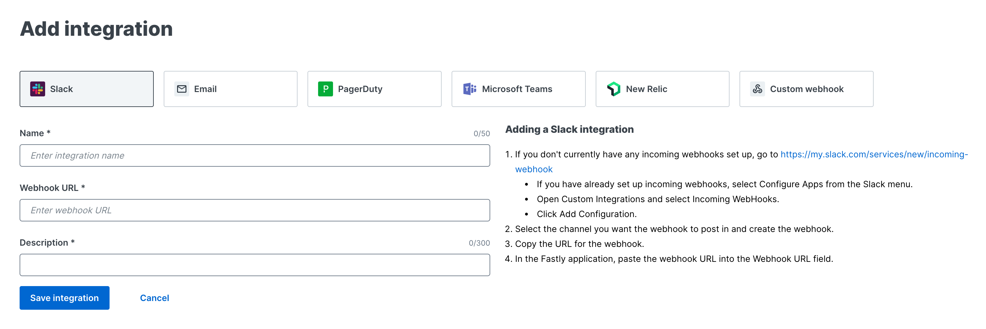 the Add integration page