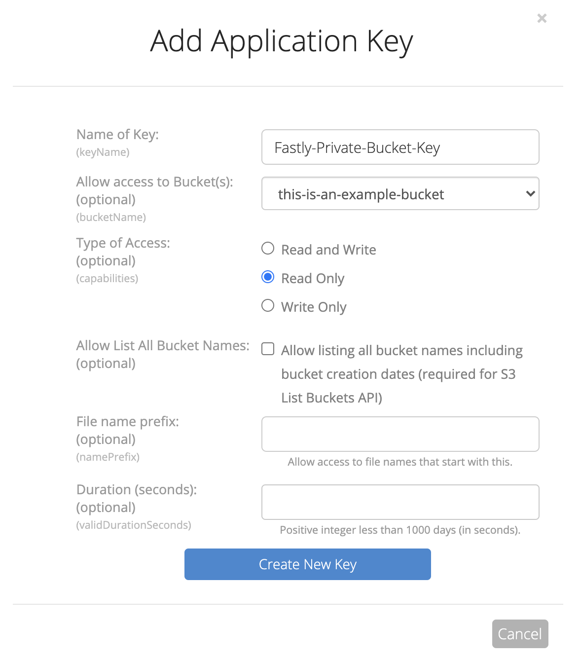 Backblaze B2 New Application Key