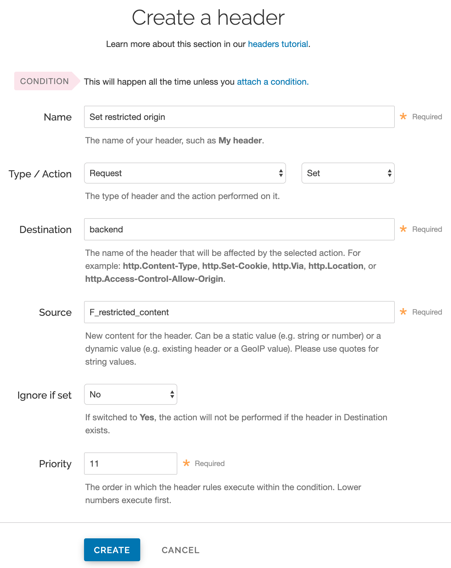 setting a restricted origin via the Create a new header page