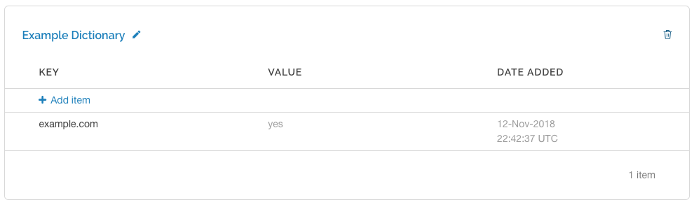 an example dictionary container with one dictionary item, as it appears in the Fastly control panel