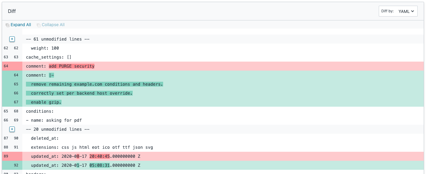 an example comparison of two service versions
