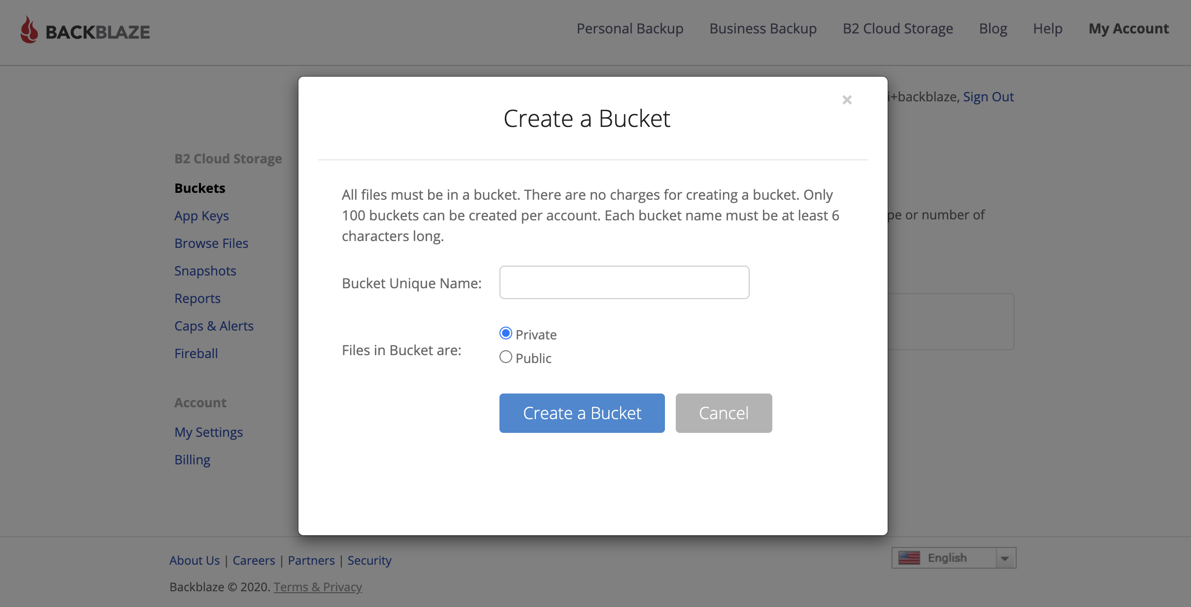 Backblaze B2 New Bucket window