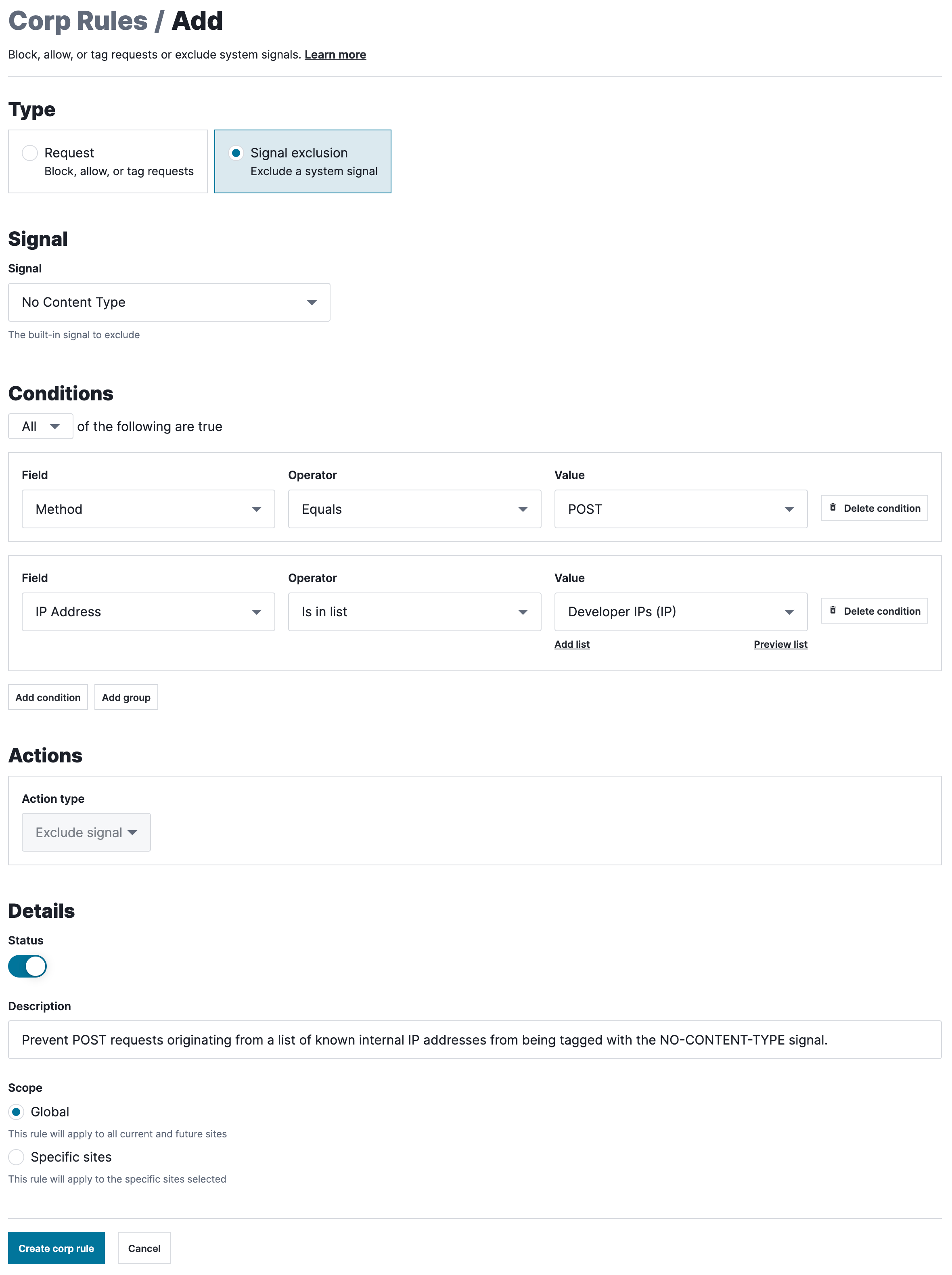 A corp-level (account-level) signal exclusion rule designed to prevent POST requests originating from a list of known internal developer IP addresses from being tagged with the 'NO-CONTENT-TYPE signal