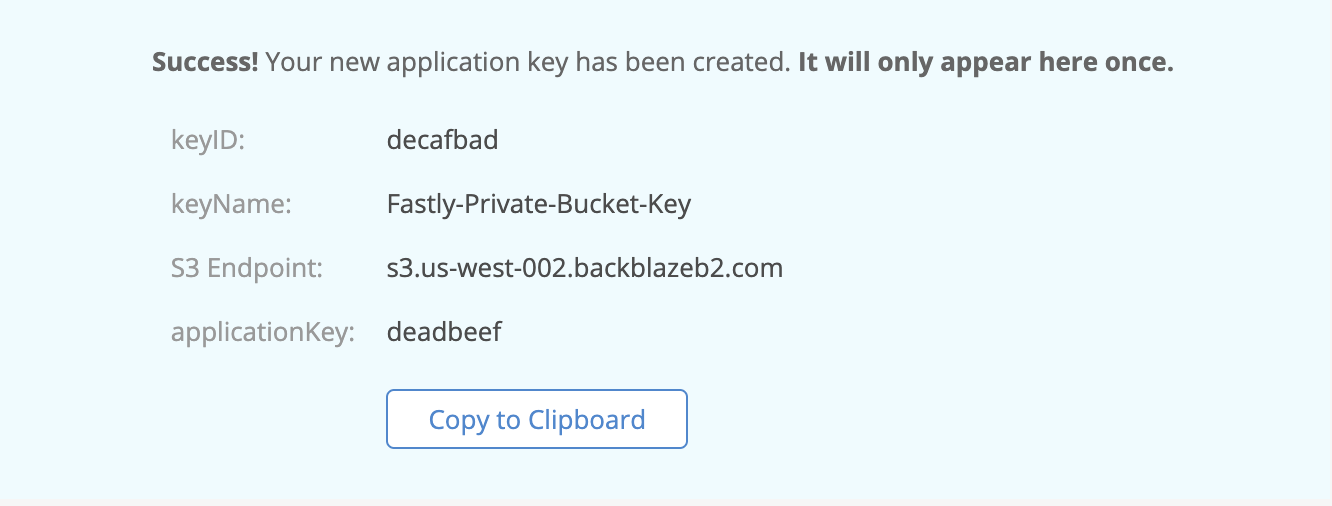 Backblaze B2 Created Application Key