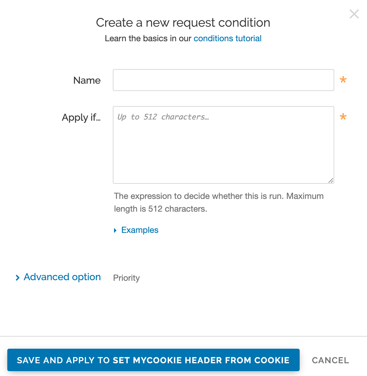 the create a new request condition window